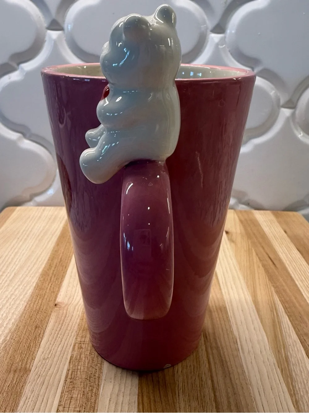 Valentine's Pink Ceramic Heart Mug with White Bear Handle 16oz